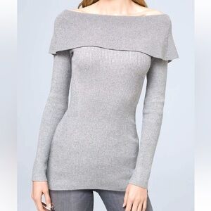 White House Black Market Gray Silver Shimmer Boat Neck Rib Tunic Sweater Sz XS